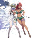  2girls bikini blonde_hair bracelet breasts broken_umbrella colored_inner_hair constance_von_nuvelle constance_von_nuvelle_(summer) damaged dark-skinned_female dark_skin drill_hair drill_sidelocks fire_emblem fire_emblem:_three_houses fire_emblem_heroes flower food green_bikini hair_flower hair_ornament hairband hapi_(fire_emblem) hapi_(summer)_(fire_emblem) highres holding holding_umbrella ice_cream jewelry medium_breasts medium_hair multicolored_hair multiple_girls navel non-web_source official_alternate_costume official_art one-piece_swimsuit parasol purple_eyes purple_hair red_eyes red_hair sandals sarong shaded_face short_hair sidelocks swimsuit torn_clothes umbrella white_sarong 