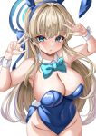 1girl absurdres animal_ears armpits blonde_hair blue_archive blue_bow blue_bowtie blue_eyes blue_leotard bow bowtie breasts cleavage double_w earpiece fake_animal_ears fake_tail halo headband highres large_breasts leotard long_hair open_mouth parapetto playboy_bunny rabbit_ears rabbit_tail simple_background solo tail toki_(blue_archive) toki_(bunny)_(blue_archive) very_long_hair w white_background wrist_cuffs 