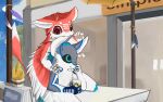 16:10 2022 3_fingers 4_ears absurd_res ambiguous_gender anthro arms_bent avali avian beverage black_sclera blue_eyes blue_markings blue_sky building cloud container crystal cup day detailed_background digital_media_(artwork) dipstick_tail door door_handle duo ear_nibble eyebrows feather_markings feather_tuft feathers fingers furniture glistening glistening_eyes grey_body grey_feathers haimood head_on_hand hi_res holding_another holding_container holding_cup holding_object markings multi_ear multicolored_body multicolored_feathers outside pupils red_body red_eyes red_feathers red_sclera red_wings shaded sitting sky table tail tail_markings tuft two_tone_body two_tone_feathers two_tone_wings white_body white_feathers white_tail_tip white_wings widescreen winged_arms wings