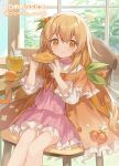  1girl absurdres bow bread bread_slice cape chair cloneko_(zelmeledf2) closed_mouth commentary_request commission food food-themed_hair_ornament frilled_skirt frills fruit hair_ornament high-waist_skirt highres holding holding_food indoors jam long_hair looking_at_viewer miniskirt orange_(fruit) orange_bow orange_cape orange_eyes orange_hair orange_hair_ornament orange_theme original pink_skirt shirt sitting skeb_commission skirt solo toast white_shirt window 