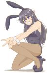  1girl animal_ears arar0158 bare_shoulders black_hair black_leotard blush bow bowtie breasts detached_collar fake_animal_ears full_body high_heels leotard long_hair looking_at_viewer open_mouth pantyhose playboy_bunny purple_eyes rabbit_ears rabbit_tail shoes simple_background smile solo squatting strapless strapless_leotard tail white_background wrist_cuffs 