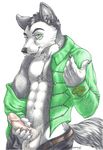 balls canine clothing coat erection jacket jeans looking_at_viewer male mammal muscular pants penis sinistervibe solo traditional_media_(artwork) wolf 
