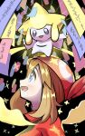  1girl :d bandana black_background black_eyes blue_eyes brown_hair colored_skin eyelashes from_side highres inana_umi jirachi may_(pokemon) open_mouth pokemon pokemon_(creature) pokemon_rse red_bandana red_shirt shirt short_hair smile tanabata tanzaku upper_body white_skin 