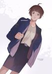  1girl ahoge artist_name black_jacket blue_jacket blue_sky brown_eyes brown_hair closed_mouth clothes_writing commentary ememo103 expressionless highres jacket looking_at_viewer psycho-pass shirt short_hair sky smoke solo tsunemori_akane twitter_username white_shirt 