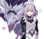  1girl :o ? alternate_costume apron black_dress castorice_(honkai:_star_rail) dragon dress enmaided flower gloves hair_flower hair_ornament heart honkai:_star_rail honkai_(series) jewelry long_hair looking_at_viewer maid maid_headdress momomatang official_alternate_costume open_mouth own_hands_together pointy_ears pollux_(honkai:_star_rail) purple_eyes purple_flower purple_gloves purple_hair ring simple_background white_apron white_background 