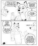 2023 anthro blush blush_lines bottomwear breasts canid canine canis clothed clothing comic cross-popping_vein dialogue digital_media_(artwork) disney duo english_text eyes_closed facial_scar female fist fox fur gesture hair hand_gesture hi_res hunter-husky jacket looking_at_another male mammal monochrome pants pose red_fox scar shirt signature smile speech_bubble stop_gesture tank_top text the_fox_and_the_hound tod_(tfath) topwear true_fox vixey_(tfath)