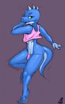  2016 anthro barefoot blue_scales bulge byondrage clothed clothing girly green_eyes horn lizard looking_at_viewer male midriff mohawk nakiri navel pink_bottomwear pink_topwear reptile scales scalie skimpy solo 