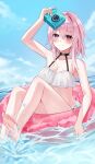  1girl absurdres bare_shoulders barefoot bikini black_choker blue_eyes blue_sky camera choker cloud day highres holding holding_camera honkai:_star_rail honkai_(series) innertube looking_at_viewer march_7th_(honkai:_star_rail) multicolored_eyes pink_hair popo_y purple_eyes short_hair sitting sky solo swim_ring swimsuit thighs two-tone_eyes water white_bikini 