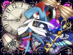  alternate_color blue_hair blue_skin bow clock colored_skin hair_over_one_eye hat highres horns key kirlia looking_at_viewer multicolored_skin open_mouth pink_eyes pokemon pokemon_(creature) red_ribbon ribbon shabana_may shiny_pokemon sidelocks signature smile striped_bow top_hat two-tone_skin white_skin 