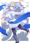 1girl dress grey_hair hairband highres izumi_(under_night_in-birth) leggings long_hair obi sash side_ponytail solo tierra_misu under_night_in-birth under_night_in-birth_2_sys:celes waves white_dress yellow_eyes yellow_hairband 