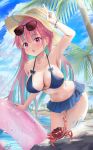  1girl absurdres bare_arms bare_shoulders bikini bikini_skirt blue_bikini blue_hair blush breasts cleavage colored_inner_hair crab eyewear_on_head hat highres hololive large_breasts long_hair looking_at_viewer minato_aqua mochiki_927 multicolored_hair navel open_mouth pink_hair purple_eyes solo stomach sun_hat sunglasses swim_ring swimsuit two-tone_hair yellow_hat 