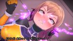  1girl 3d agent_mirai ahegao asphyxiation blender_(medium) blush bodysuit breasts brown_hair clenched_hand clenched_teeth covered_nipples crying crying_with_eyes_open gloves hexagon_print highres impossible_bodysuit impossible_clothes medium_breasts mind_control mirai_(agent_mirai) ponytail purple_eyes rolling_eyes saliva short_hair skin_tight solo tears teeth umaaji_lady_mk2 upper_body 