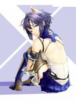  animal_ears arm_garter back backless_outfit bare_shoulders blue_eyes cat_ears highres hiko_(hiko224556) leg_hug looking_at_viewer looking_back miniskirt parted_lips pleated_skirt purple_hair short_hair sitting skirt solo thighhighs xenoblade_(series) xenoblade_chronicles_x 