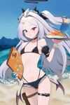  1girl ahoge bikini black_bikini blue_archive book breasts demon_girl demon_horns demon_wings food highres hina_(blue_archive) holding holding_book horns ice long_hair looking_at_viewer maid_headdress mountain navel ocean omelet omurice outdoors purple_eyes small_breasts soda solo swimsuit user_dtky5772 white_hair wings 