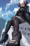  1girl absurdres artist_name black_bodysuit black_hair black_jacket blue_sky blush bodysuit boots breasts building cloud cloudy_sky covered_navel day from_below gixer_250_(natsukaze_shigure) hair_between_eyes hair_ornament high_heels highres hood impossible_bodysuit impossible_clothes jacket looking_at_viewer medium_breasts multicolored_hair natsukaze_shigure open_clothes open_jacket original outdoors personification short_hair signature sitting skin_tight sky skyscraper solo two-tone_hair variant_set white_hair yellow_eyes 