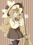  :d black_hat black_ribbon black_skirt black_thighhighs blonde_hair bow broom brown_background cowboy_shot green_eyes hair_bow hat hat_bow holding holding_broom kirisame_marisa long_hair long_sleeves looking_at_viewer meji_aniki neck_ribbon open_mouth red_bow ribbon shirt skirt smile standing standing_on_one_leg striped_background suspender_skirt suspenders thighhighs touhou vertical-striped_background very_long_hair white_bow white_shirt witch_hat 