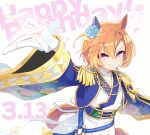  1girl animal_ears blue_flower blue_jacket blue_rose cherry_blossoms closed_mouth corset dated ear_covers epaulettes flat_chest flower gloves happy_birthday hihiqhi horse_ears horse_girl horse_tail jacket japanese_clothes kimono long_sleeves looking_at_viewer orange_hair petals purple_eyes rose short_hair single_ear_cover skirt smile solo t.m._opera_o_(blue_dazzle)_(umamusume) t.m._opera_o_(umamusume) tail umamusume white_gloves white_kimono white_skirt wide_sleeves 