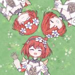  3girls angel_wings black_hairband dress eye_mask flower gloves hair_flower hair_ornament hairband head_wreath highres honkai:_star_rail honkai_(series) lying multiple_girls on_back on_grass pointy_ears red_hair short_hair smile teana_fm trianne_(honkai:_star_rail) tribbie_(honkai:_star_rail) trinnon_(honkai:_star_rail) triplets white_dress wings 