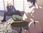  1girl 2boys azad_(maidragon) black_hair black_pants black_shirt black_shoes blonde_hair closed_mouth cobblestone commentary_request facial_hair fuka_(kantoku) full_body green_pants grin highres horns indoors kanna_kamui kimun_kamui_(maidragon) kobayashi-san_chi_no_maidragon long_hair looking_at_another manatsu_no_yo_no_inmu multiple_boys mustache open_mouth pants purple_eyes reading shaded_face shirt shoes short_hair shouji sitting sliding_doors smile white_hair white_horns white_shirt 