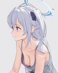  1girl absurdres alternate_costume armpit_crease black_bow black_shorts blue_archive blue_eyes blue_halo bow bra braid breasts cleavage closed_mouth collarbone commentary_request downblouse eyelashes grey_background grey_tank_top hair_bow half_up_braid halo highres long_hair looking_ahead medium_breasts miyako_(blue_archive) mole mole_on_breast monmo_mu pink_bra shorts sidelocks simple_background sitting sketch smile solo straight_hair tank_top underwear upper_body white_hair 