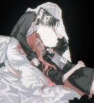  2girls alien_stage alternate_costume black_bow black_bowtie black_hair black_jacket black_shorts bow bowtie chinese_commentary commentary_request dress hairband highres jacket kneeling lap_pillow long_hair lying mizi_(alien_stage) multiple_girls on_back pink_hair sea_foam see-through_clothes see-through_veil shorts sitting sua_(alien_stage) veil white_bow white_dress white_hairband white_veil yellow_eyes 