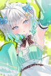  ahoge apron arm_up armpits blue_bow blue_eyes blush bow bowtie breasts brown_bow brown_bowtie chestnut_mouth detached_collar detached_sleeves dress gradient_hair green_background green_dress green_hair hair_bow highres indie_virtual_youtuber kiriii looking_at_viewer maid_headdress medium_hair mint_fantome mint_fantome_(minto_2.0) multicolored_hair pinstripe_dress pinstripe_pattern sleeves_past_fingers sleeves_past_wrists small_breasts sparkle two_side_up upper_body virtual_youtuber waist_apron white_apron white_hair wispy_bangs 