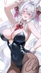  1girl :d ahoge animal_ear_fluff animal_ears arm_behind_back arm_up armpit_crease bare_shoulders bell black_leotard blush bow bowtie breasts brown_pantyhose cleavage colored_eyelashes commission covered_navel cowboy_shot detached_collar double-parted_bangs ella_7737 facial_mark fox_ears fox_girl fox_tail hair_bell hair_bow hair_intakes hair_ornament hand_on_own_hip hand_up heart highleg highleg_leotard highres huge_breasts indie_virtual_youtuber jingle_bell large_breasts leotard long_hair looking_at_viewer neck_bell nontraditional_playboy_bunny pantyhose red_eyes red_nails red_ribbon ribbon satsuki_mei_(vtuber) simple_background smile solo strapless strapless_leotard sweat tail twintails very_long_hair virtual_youtuber white_background white_eyelashes white_hair wrist_cuffs 