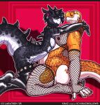 anthro claws clothing duo fishnet_clothing hair hi_res horn kneeling larathen latex latex_clothing looking_at_viewer male male/male scalie smile