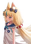  1girl absurdres animal_ear_fluff animal_ears blonde_hair blue_bow blue_eyes blue_hair blue_sailor_collar blush bow cat_ears closed_mouth dress fang highres indie_virtual_youtuber lifebuoy_hair_ornament long_hair looking_at_viewer multicolored_hair sailor_collar sameko_saba sharkudon skin_fang sleeveless sleeveless_dress smile solo two-tone_hair very_long_hair virtual_youtuber white_dress 
