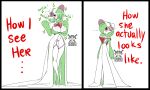  ... absurdres artist_name bob_cut bonnet breasts cameltoe dress flower gardevoir gardevoir_(fashionable) garter_straps green_hair hair_over_one_eye hat hat_flower highres large_breasts lexus_tanuki micro_panties panties pink_eyes pink_flower pink_panties pokemon pokemon_(creature) pokemon_unite signature sparkle underwear white_dress 