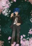  1boy absurdres black_suit blue_eyes blue_hair character_request cherry_blossoms from_above highres liw looking_at_viewer lying on_water persona persona_3 solo suit 