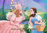  2girls artist_name basket blue_dress blue_eyes brown_eyes brown_hair crown day dorothy_gale dress english_text from_side good_witch_of_the_north holding holding_basket holding_wand looking_at_another luztapiaart multiple_girls outdoors pink_dress shirt star_wand the_wizard_of_oz wand watermark white_shirt 