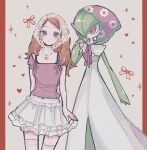  2girls bob_cut brown_hair colored_skin dress enekonoshippo27 floral_print gardevoir green_hair green_skin grey_background hair_over_one_eye heart heart_necklace jewelry long_hair multicolored_skin multiple_girls necklace pink_eyes pink_shirt pink_thighhighs pokemon pokemon_(creature) pokemon_xy serena_(pokemon) shirt simple_background skirt smile thighhighs two-tone_skin white_dress white_skin white_skirt 