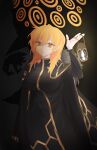  1girl big_bird_(project_moon) binah_(project_moon) binah_(project_moon)_(cosplay) black_background black_coat black_dress blonde_hair breasts coat coat_on_shoulders cosplay don_quixote_(project_moon) dress fur_trim hexagon_print highres jewelry lamp large_breasts limbus_company lobotomy_corporation long_sleeves looking_at_viewer medium_hair project_moon ring short_hair simple_background ss0_520 standing upper_body yellow_eyes 
