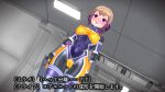  1girl 3d agent_mirai blender_(medium) blonde_hair blush bodysuit breasts brown_hair cameltoe covered_navel covered_nipples dutch_angle empty_eyes gun handgun headphones hexagon_print highres holding holding_gun holding_weapon impossible_bodysuit impossible_clothes latex latex_bodysuit medium_breasts mind_control mirai_(agent_mirai) multicolored_hair orange_bodysuit purple_bodysuit purple_eyes shiny_clothes short_hair skin_tight solo standing umaaji_lady_mk2 weapon 