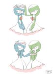  absurdres alternate_color artist_name blue_hair blue_skin colored_skin dress flower_wreath gardevoir green_hair green_skin highres hime_takeo multicolored_skin pokemon pokemon_(creature) shiny_pokemon signature simple_background two-tone_skin white_background white_dress white_skin 