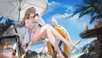  1girl absurdres arm_support bailu_(guilongchao) bare_shoulders beach beach_chair beach_umbrella bikini bird black_gloves blue_sky bow braid braided_ponytail breasts brown_eyes brown_hair bubble_tea chinese_commentary closed_mouth cloud coconut cola collarbone commentary_request cooler crossed_legs cup day detached_sleeves drinking_glass dutch_angle expressionless feet floating_hair flower from_below glint gloves gold_bow gold_trim guilongchao hair_between_eyes hair_ornament hairband half_gloves halterneck hand_up highres large_breasts legs lens_flare long_hair long_sleeves looking_at_viewer mountainous_horizon navel neck_flower ocean official_alternate_costume official_art outdoors palm_tree partially_fingerless_gloves pitcher_(container) round_table rubber_duck sand sand_castle sand_sculpture sandals seashell see-through_clothes see-through_sleeves shell sideboob single_hair_intake sitting sky soda_bottle solo starfish stomach striped_bow sunlight swim_ring swimsuit table thigh_strap thighs toes tree umbrella under_umbrella vending_machine very_long_hair white_bikini white_bird white_hairband white_sandals yellow_flower yoyo_(550098) 