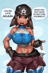  1girl armband bandana breasts brown_eyes brown_hair crop_top dark-skinned_female dark_skin gloves hand_on_own_hip highres navel pointing pokemon pokemon_rse saiykik scolding short_hair short_shorts shorts sleeveless tan team_aqua team_aqua_grunt wide_hips 