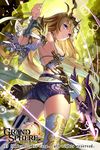  armor blonde_hair blue_eyes boots breasts copyright_name from_below garter_straps grand_sphere hair_ornament highres holding holding_weapon long_hair looking_at_viewer matsui_hiroaki medium_breasts original purple_shorts shorts sideboob smile solo thigh_boots thighhighs watermark weapon 