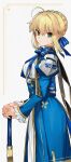  1girl absurdres ahoge artoria_pendragon_(fate) blonde_hair blue_bow blue_bowtie blue_dress blue_ribbon bow bowtie breasts dress fate_(series) frilled_sleeves frills from_side green_eyes highres holding holding_sword holding_weapon kamisato_sora long_hair looking_at_viewer medium_breasts ribbon saber_(fate) solo standing sword weapon 