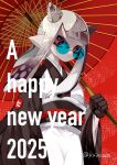  1girl artist_name chinese_zodiac closed_mouth commentary english_commentary english_text eyelashes gradient_hair grey_hair hair_horns hair_ornament highres inkling inkling_girl inkling_player_character kainesato long_hair multicolored_hair red_background red_eyes red_hair round_eyewear smile snake_print solo splatoon_(series) splatoon_3 standing sunglasses tentacle_hair twitter_username two-tone_hair x_hair_ornament year_of_the_snake 
