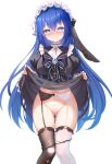  1girl absurdres ass_visible_through_thighs asymmetrical_legwear black_dress black_thighhighs blue_eyes blue_hair blush breasts chinese_commentary cleft_of_venus closed_mouth clothes_lift commentary_request dress dress_lift feet_out_of_frame garter_belt highres juliet_sleeves large_breasts lifting_own_clothes long_hair long_sleeves looking_at_viewer maid maid_headdress mismatched_legwear mismatched_thighhighs navel nose_blush original panties panty_pull puffy_sleeves pussy pussy_juice pussy_juice_stain qian_hen simple_background smile solo stained_panties thighhighs torn_clothes torn_dress uncensored underwear variant_set very_long_hair white_background white_panties white_thighhighs 