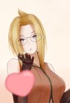  1girl absurdres blonde_hair blowing_kiss blue_eyes breasts elbow_gloves final_fantasy final_fantasy_viii glasses gloves heart highres long_hair looking_at_viewer quistis_trepe romi_drawing round_eyewear simple_background solo white_background 
