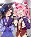  2girls animal_ears black_hair blue_flower blue_rose bowler_hat closed_eyes crying ear_covers english_commentary flipped_hair flower haru_urara_(umamusume) hat headband horse_ears horse_girl long_hair multiple_girls navel open_mouth pink_hair pleated_skirt purple_eyes purple_sailor_collar purple_shirt purple_skirt red_headband rice_shower_(umamusume) rose sailor_collar school_uniform serafuku shirt skirt starting_future_(umamusume) tears tilted_headwear tracen_school_uniform umamusume upper_body wavy_mouth winter_uniform yokoshima_(euphoria) 