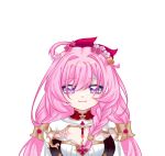  1girl ansha_da_wei bell braid breasts chinese_commentary cleavage commentary_request diamond-shaped_pupils diamond_(shape) elysia_(herrscher_of_human:_ego)_(honkai_impact) elysia_(honkai_impact) elysia_(peachy_spring)_(honkai_impact) flower hair_bell hair_flower hair_ornament honkai_(series) honkai_impact_3rd large_breasts long_hair looking_at_viewer pink_hair purple_eyes simple_background single_braid smile solo symbol-shaped_pupils upper_body very_long_hair white_background 