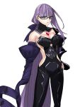  1girl absurdres bare_shoulders black-framed_eyewear blue_notuki breasts chest_jewel cleavage closed_mouth clothing_cutout commentary_request detached_collar detached_sleeves fate/extra fate/extra_ccc fate/extra_ccc_fox_tail fate_(series) glasses hair_ribbon hand_on_own_hip highres long_hair looking_at_viewer medium_breasts purple_eyes purple_hair purple_ribbon ribbon simple_background solo very_long_hair violet_(fate) white_background 