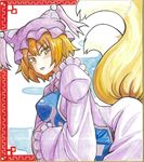  bent_over blonde_hair blush breasts fox_tail hands_in_opposite_sleeves hat large_breasts multiple_tails shikishi short_hair solo tabard tail touhou traditional_media watercolor_(medium) yagami_(mukage) yakumo_ran yellow_eyes 
