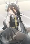  1girl absurdres ahoge bad_anatomy belt black_belt black_choker black_coat black_hair black_pantyhose black_skirt black_vest buckwheat638478 choker closed_mouth coat collared_shirt cross-laced_hairband ear_tag earrings frilled_skirt frills hair_between_eyes highres indoors jewelry long_bangs long_hair long_hair_between_eyes looking_at_viewer manhattan_cafe_(umamusume) multicolored_hair necktie off_shoulder pantyhose pleated_skirt shirt single_earring skirt smile solo umamusume very_long_hair vest white_hair white_shirt yellow_eyes yellow_necktie 