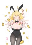  1girl absurdres ahoge alternate_costume animal_ears blonde_hair breasts cleavage closed_eyes coin commentary_request detached_collar fake_animal_ears feet_out_of_frame grin hair_intakes halo highres hinata_mashu large_breasts leotard medium_hair n1jichich1 nanashi_inc. orange_halo playboy_bunny rabbit_ears reaching reaching_towards_viewer simple_background smile solo strapless strapless_leotard virtual_youtuber white_background wrist_cuffs 