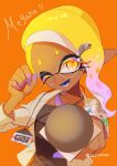  1girl artist_name bespectacled blonde_hair colored_extremities colored_eyelashes commentary_request dark-skinned_female dark_skin eyelashes frye_(splatoon) glasses gradient_hair highres holding holding_microphone inkling kainesato long_hair looking_at_viewer microphone multicolored_hair official_alternate_costume one_eye_closed open_mouth pointy_ears purple_hair reaching reaching_towards_viewer romaji_text short_eyebrows smile solo splatoon_(series) splatoon_3 tentacle_hair thick_eyebrows twitter_username two-tone_hair 